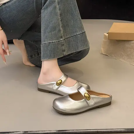 银色包头半拖鞋女2025新款夏季外穿一脚蹬懒人凉拖鞋沙滩法式凉鞋商品大图
