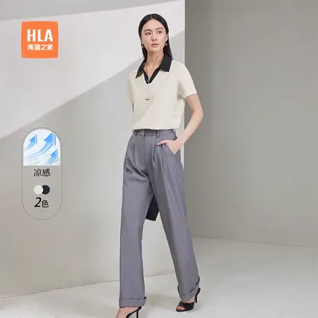 【凉感】HLA/海澜之家商务冰爽棉短袖Polo夏新款修身V领直筒女装商品大图