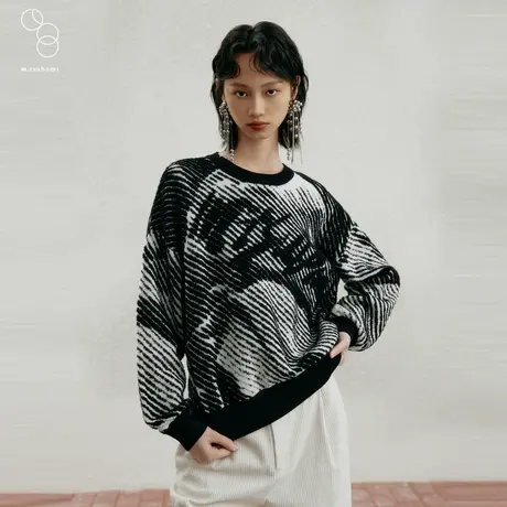 子苞米冬款绵羊毛印花圆领百搭女式毛针织衫商品大图
