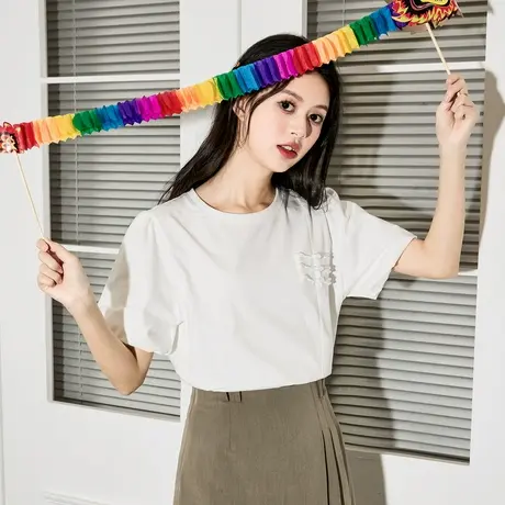 唐狮新款国风盘扣新中式圆领纯棉短袖T恤女夏别致漂亮上衣商品大图