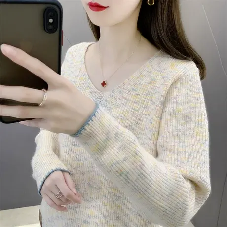 冬季v领毛衣女款2024新款慵懒风高级感秋冬针织打底衫上衣洋气女商品大图
