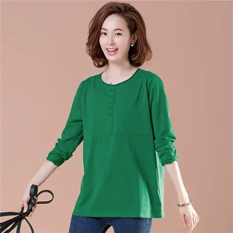 春秋季加肥加大码女装宽松长袖T恤女全棉纯色中年妈妈中长款体恤商品大图