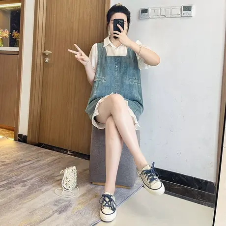 牛仔拼接Polo领连衣裙2025新款女夏显瘦减龄中长款假两件大码胖mm图片