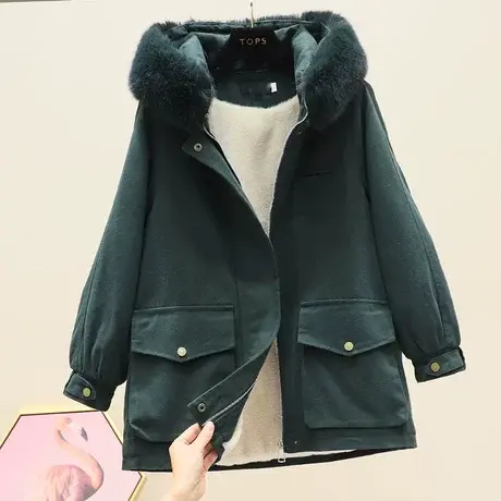 2023冬季工装棉服女中长款韩版宽松加绒棉衣外套潮ins港风派克服图片