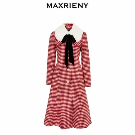 【奥莱】MAXRIENY红白格纹大衣蝴蝶结毛翻领风衣毛呢外套长款图片