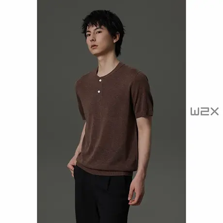 w2x夏季亨利领纯色针织短袖T恤男时尚宽松青年半袖设计感潮流体恤商品大图