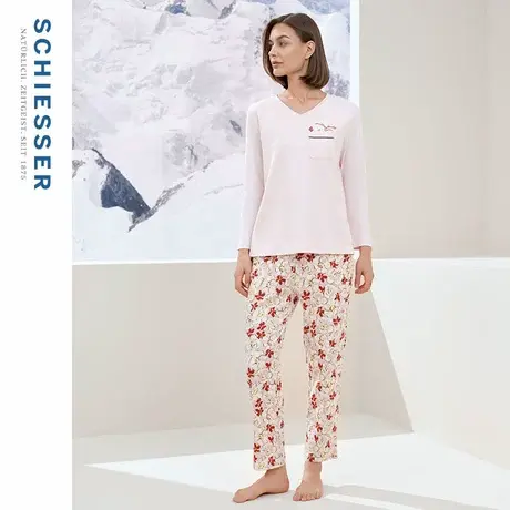 SCHIESSER舒雅女士纯棉软糯亲肤透气印花V领套头睡衣家居服套装图片