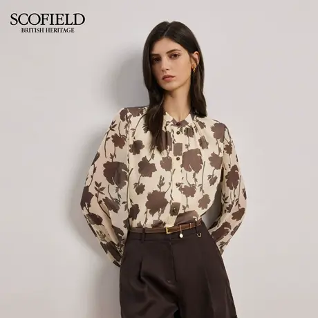Scofield女装浪漫假日风印花衬衫领口褶皱廓形衬衣2025秋季新品图片