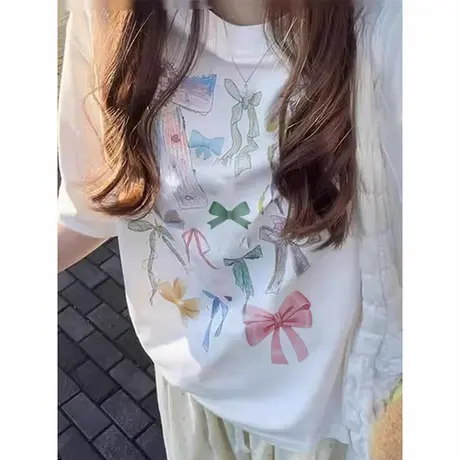 蝴蝶结印花短袖T恤女夏装宽松韩版纯棉打底衫内搭外穿半袖上衣潮商品大图