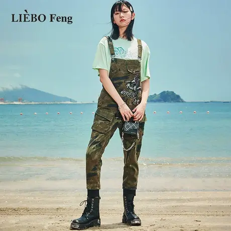 裂帛LIEBOFeng原创设计chic时髦工装连体裤国风刺绣绿色背带裤女图片