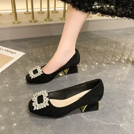 单鞋女2023新款春秋季浅口温柔气质配裙子高跟鞋职业水钻粗跟单鞋图片