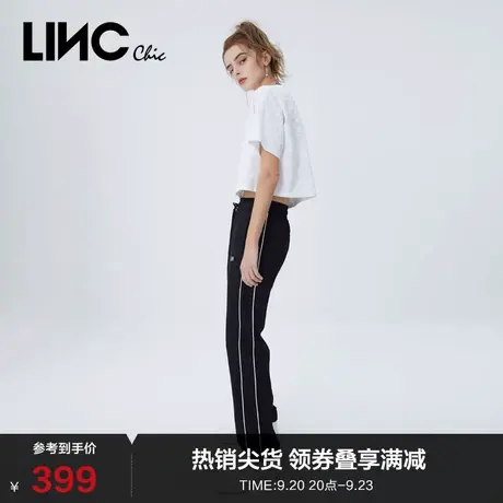 LINCCHIC金羽杰裤子女直筒宽腿感松紧腰休闲黑色长裤女S221PA021商品大图