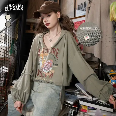 妖精的口袋小个子短款连帽卫衣女2023秋新款美式宽松薄款长袖上衣图片