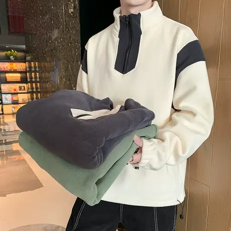 加绒加厚半拉链男士潮流卫衣2023秋冬季新款潮牌男装拼接色卫衣男商品大图