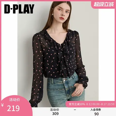 DPLAY2025年秋季新款黑色衬衫女法式荷叶边泡泡袖宽松长袖上衣图片