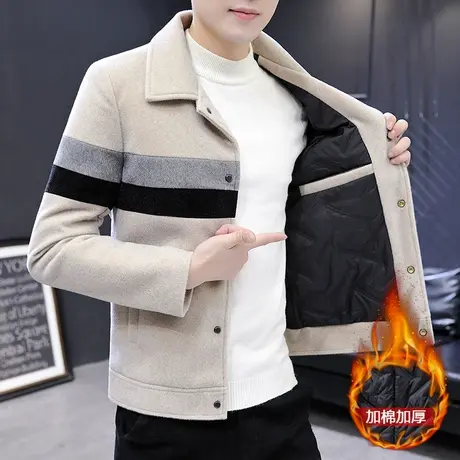 2023新款冬季男士毛呢大衣韩版潮流短款风衣加棉夹克厚毛呢子外套图片