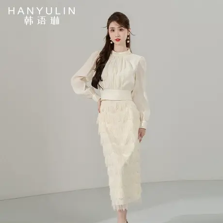 韩语琳高腰半身裙女2023新款秋季高级感显瘦春秋款中长款流苏裙子图片