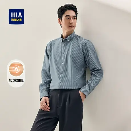 HLA/海澜之家保暖长袖衬衫25秋冬新款条纹扣领尖领加绒加厚上衣男商品大图