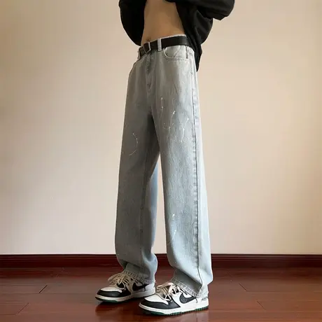 唐狮24秋冬新款牛仔裤男甩漆设计感宽松设计直筒阔腿美式长裤W图片