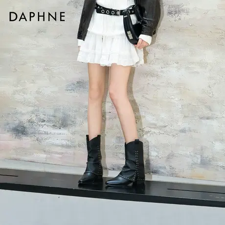 达芙妮西部牛仔靴子2025新款美拉德风铆钉中筒骑士靴辣妹马丁靴女图片