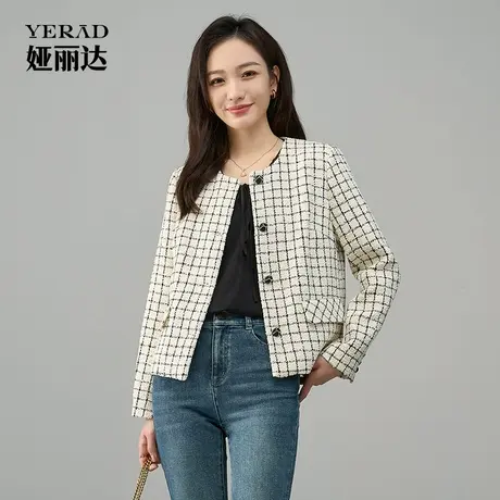 娅丽达2025秋季新款时尚小香风粗花呢黑白格纹外套女士上衣商品大图