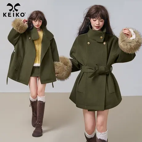KEIKO 橄榄绿复古廓形毛呢外套25秋冬高级感气质立领系带呢子大衣商品大图