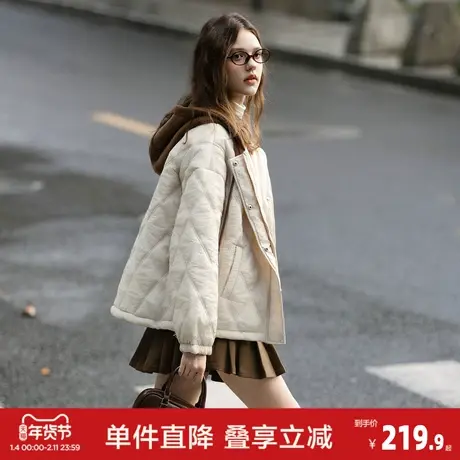 唐狮2026秋冬季短款棉衣连帽女菱格纹拼接撞色简约风厚外套女图片