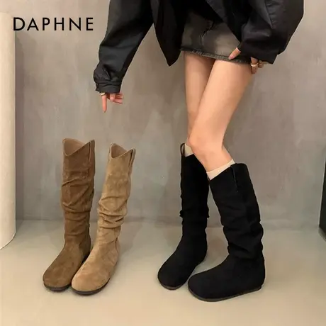 达芙妮堆堆靴小众复古卡其色长靴西部靴骑士靴秋季高筒韩版女靴子商品大图