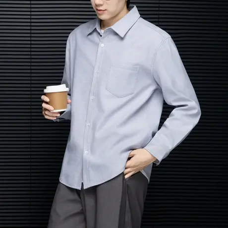 唐狮春秋季新款男衬衫长袖净色加绒牛津纺时尚休闲简约上衣男TMTA图片