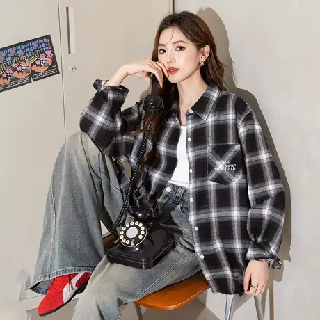 唐狮新款长袖衬衫女黑白格子翻领美式复古上衣宽松外套潮blTM图片