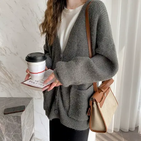 唐狮秋冬季女毛衣高级慵懒风简约V领开衫外套温柔宽松百搭tu图片