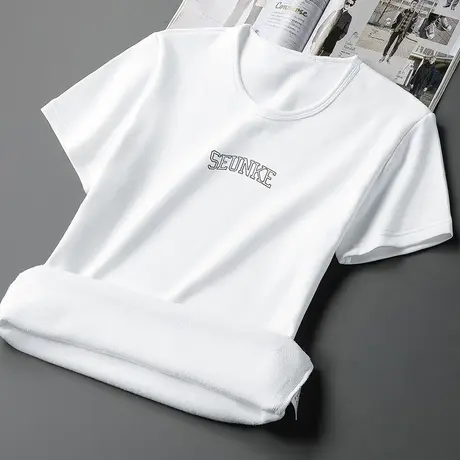 短袖t恤男装2023新款加绒加厚保暖打底衫半袖印花上衣服白色体恤商品大图