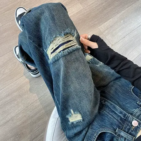 高腰牛仔裤女春秋2023年新款宽松显瘦假破洞老爹裤梨形身材哈伦裤商品大图