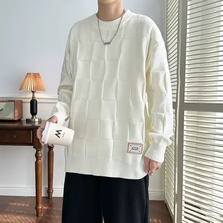 个性格纹白色毛衣男冬季潮牌宽松慵懒风针织衫帅气百搭毛线衣外套商品大图