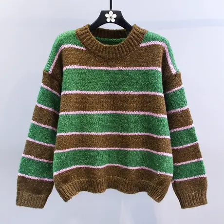 撞色条纹慵懒风毛衣女秋冬2023新款宽松软糯高级感圆领套头针织衫商品大图