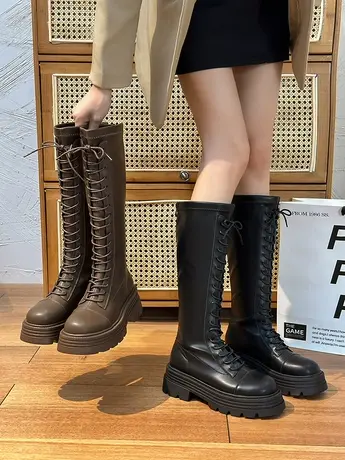 网红厚底增高长筒靴女2023秋冬新款小个子不过膝瘦瘦靴高筒骑士靴商品大图