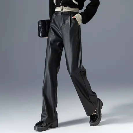 高级感黑色皮裤女秋冬2023新款显瘦裤子冬季休闲加绒裤直筒阔腿裤商品大图