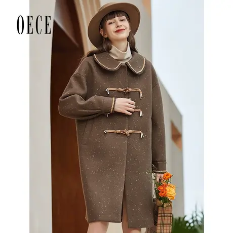 【买1送1】Oece冬装新款复古娃娃领毛呢外套气质中长款呢大衣商品大图