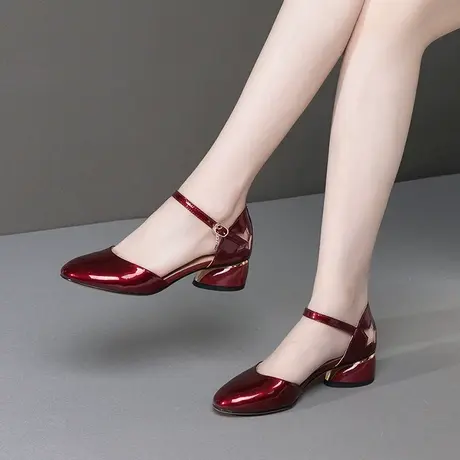 包头凉鞋女真皮中跟圆头凉鞋时尚百搭四季单鞋新款粗跟舒适女鞋子商品大图