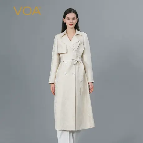 VOA米白38姆米重磅提花真丝西装领长袖双排扣绑带桑蚕丝风衣外套图片