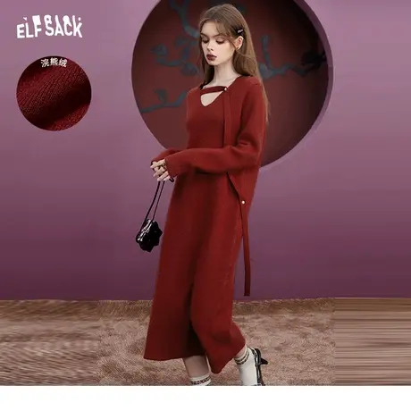 妖精的口袋镂空长袖连衣裙女2023冬季新款显白长款设计感圣诞穿搭商品大图