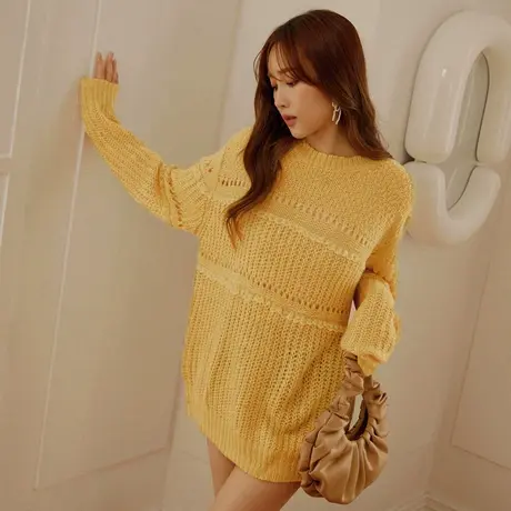 桔熊秋冬季保暖毛衣女装温暖气质蕾丝拼接宽松镂空针织衫FA2623图片