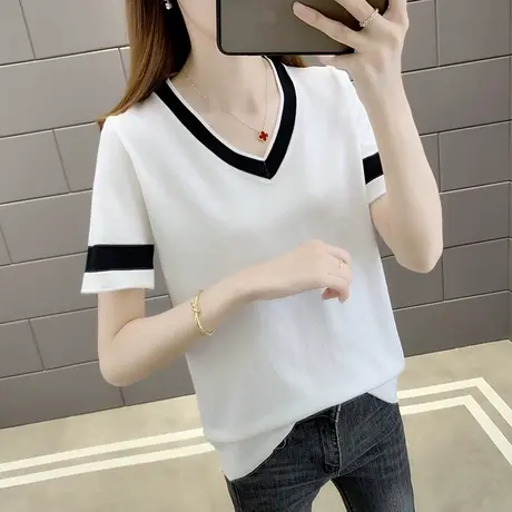 冰丝针织衫女短袖T恤薄款女装2024新款潮春夏季韩版ins潮百搭上衣图片