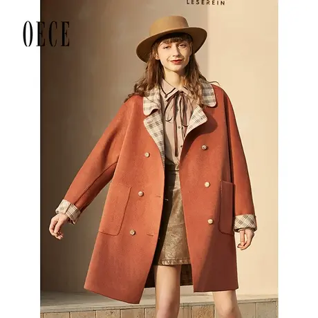 Oece复古毛呢外套冬双排扣中长款格子气质呢子大衣女商品大图