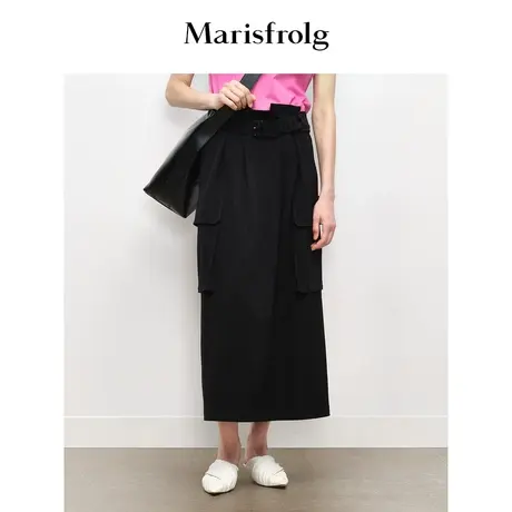 【商场同款】玛丝菲尔2023年秋季新款黑色工装风系扣收腰半身裙商品大图