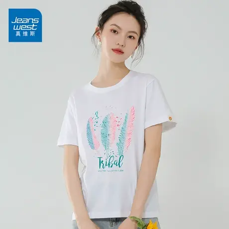 真维斯纯棉短袖女2022新款时尚印花潮insT恤女休闲宽松打底衫商品大图