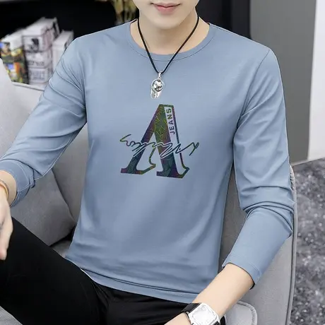 莫代尔长袖t恤男秋季薄款圆领上衣服潮牌印花内搭打底衫秋衣小衫商品大图