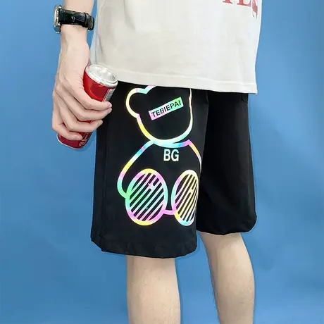 2024潮流反光小熊印花短裤男夏季冰丝休闲裤港风直筒宽松五分中裤图片