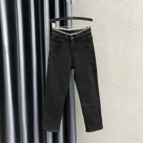 黑色加绒加厚直筒裤女2023秋冬新款小个子潮流高腰显瘦九分烟管裤商品大图