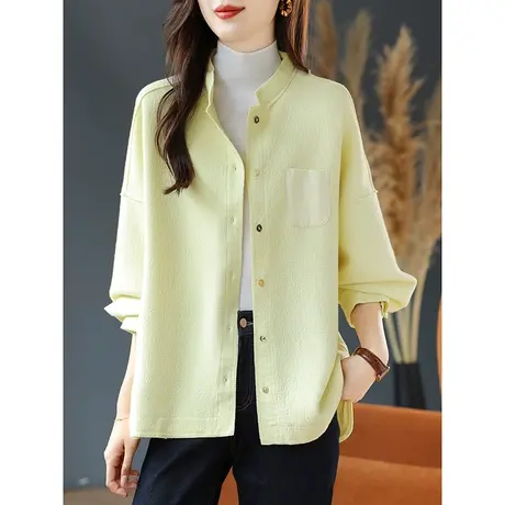 宝诗黎圆领宽松棉质纯色衬衫女春季长袖宽松休闲薄款外套2024新款商品大图